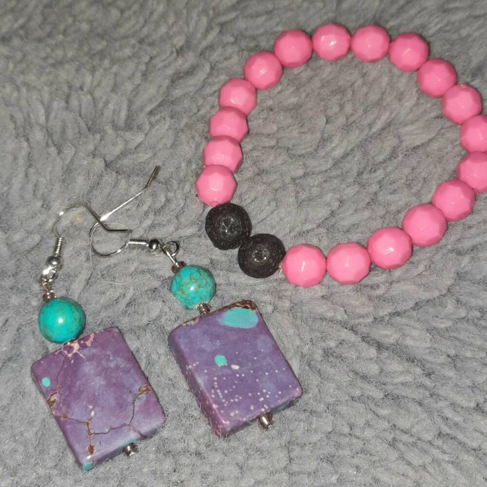 Vintage Dangling Stone Beaded Earring & Bracelet Set